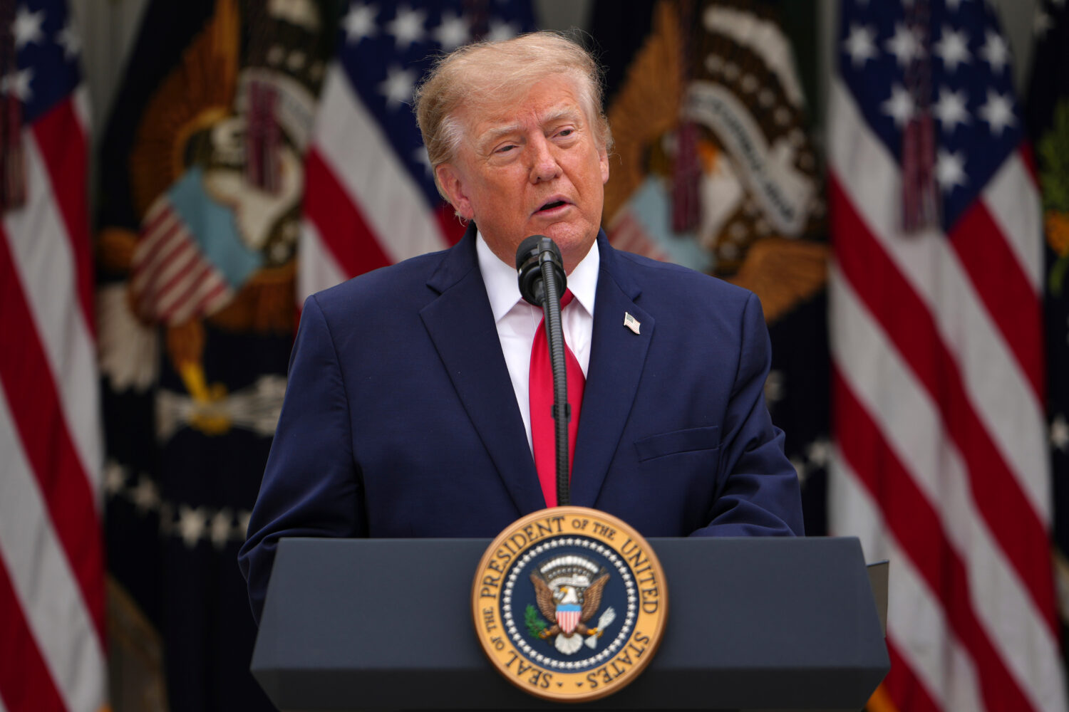President Donald Trump speaks in the Rose Garden of the White House during an event for first respo...