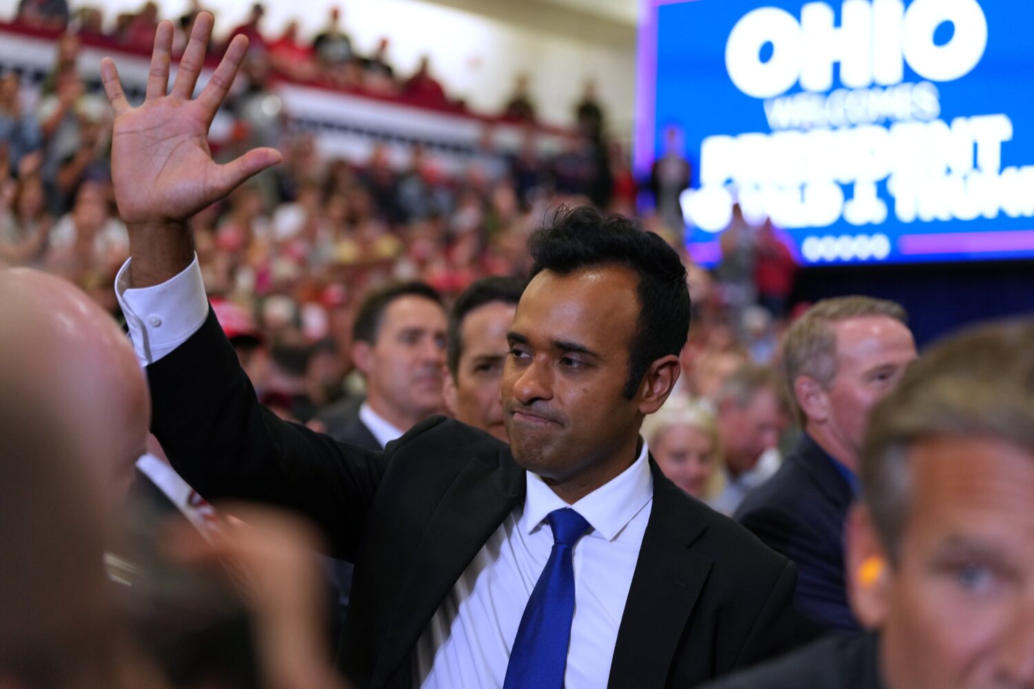 Republican gubernatorial candidate Vivek Ramaswamy arrives before President Donald Trump speaks dur...