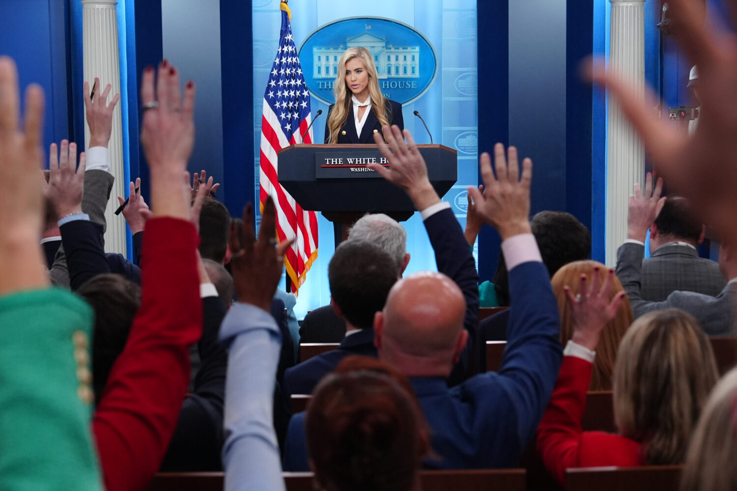 White House press secretary Katie Zacharia speaks with reporters in the James Brady Press Briefing ...