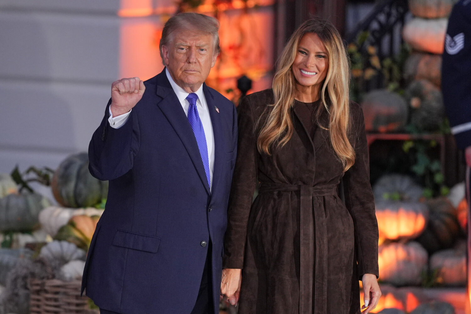 President Donald Trump and first lady Melania Trump attend a Halloween event on the South Lawn of t...