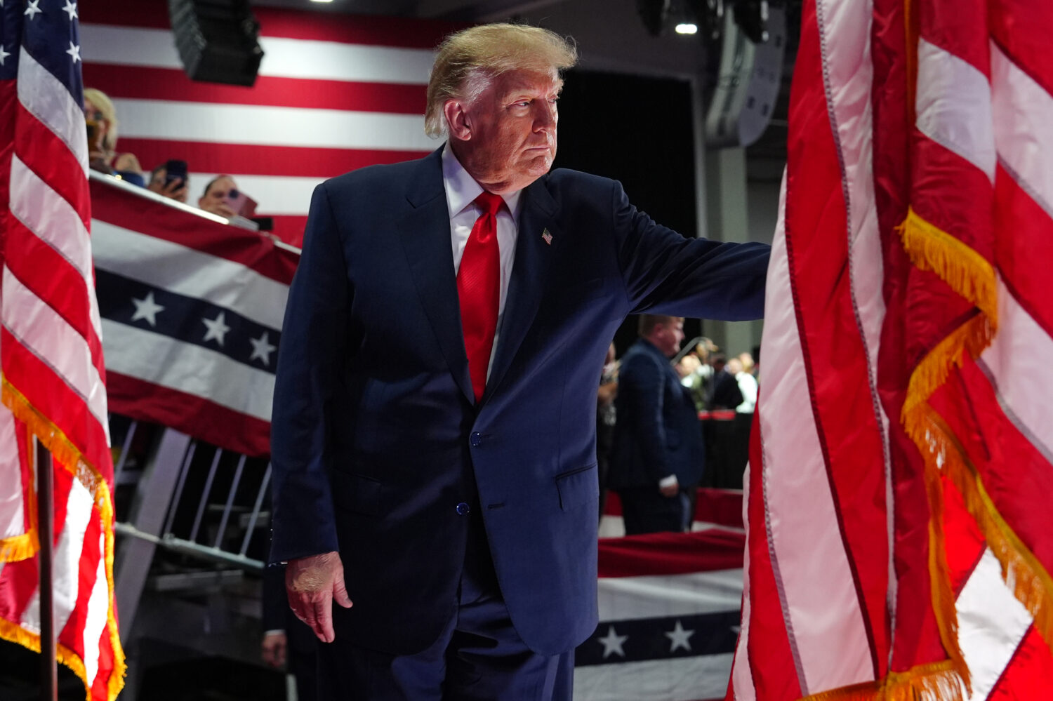 President Donald Trump departs a campaign rally at the Oncenter, Friday, Oct. 9, 2026, in Syracuse,...