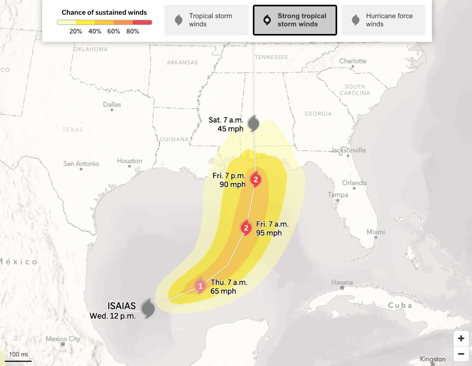 The map above shows the current position of Tropical Storm Isaias in the Gulf of Mexico on Oct. 7, ...