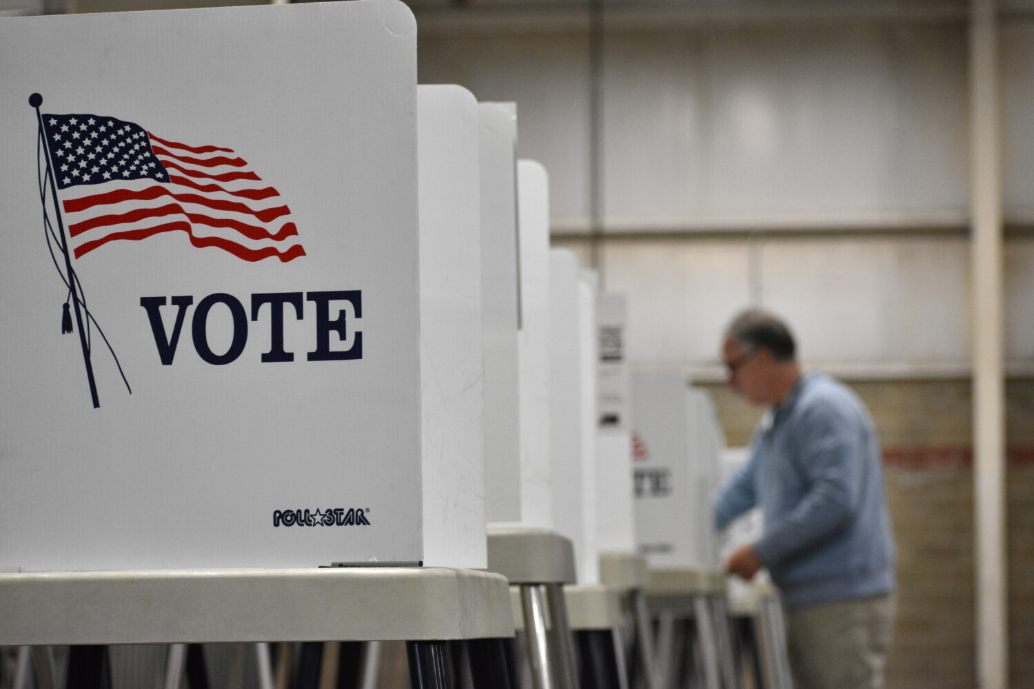 FILE - A voting booth is seen at Yellowstone County's MetraPark on June 2, 2026, in Billings, Monta...