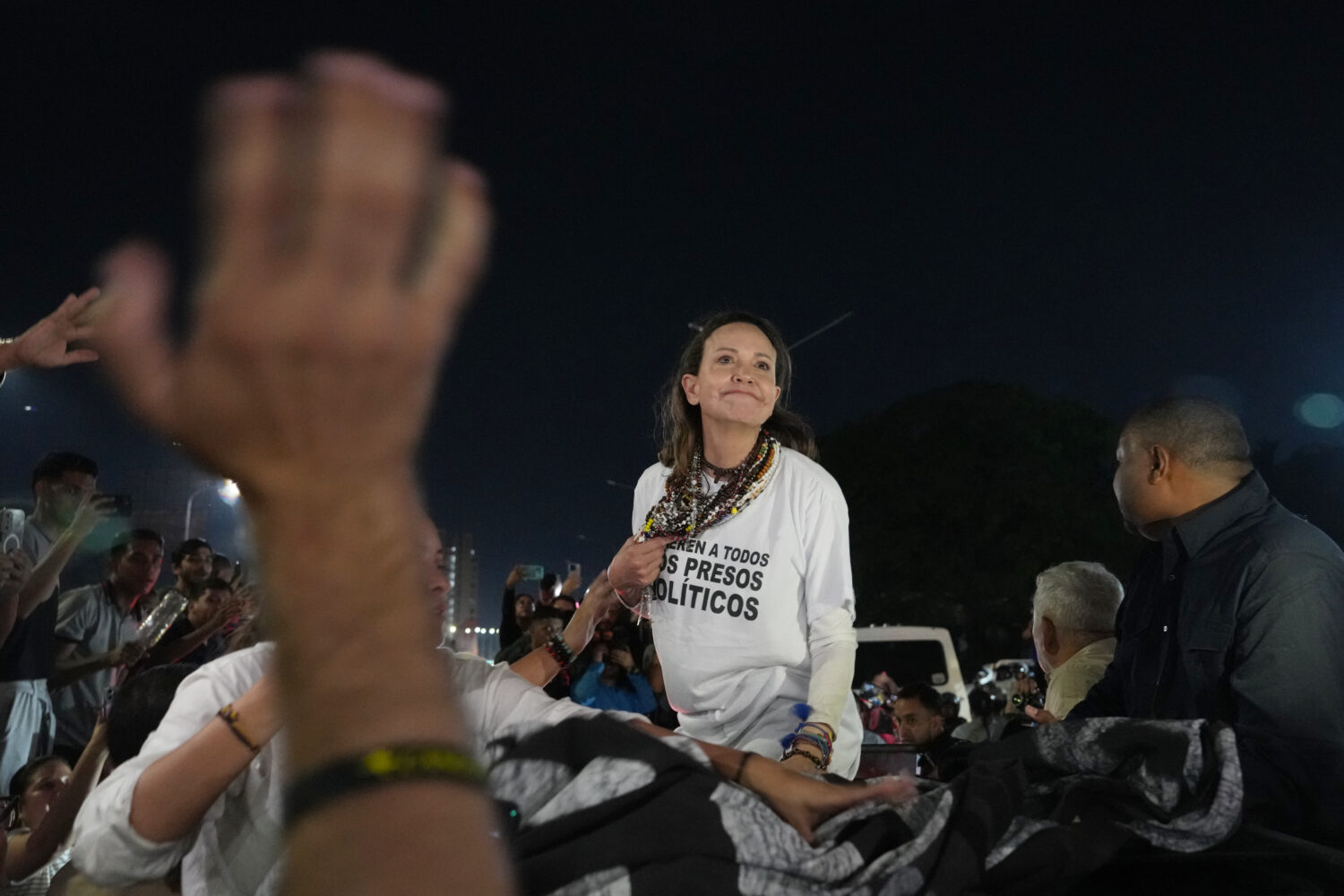 Venezuelan opposition leader and Nobel Peace Prize laureate Maria Corina Machado arrives in Caracas...