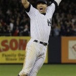 New York Yankees' Alex Rodrigue reacts after the ninth inning of Game 2 of the Major League Baseball World Series against the Philadelphia Phillies Wednesday, Nov. 4, 2009, in New York. (AP Photo/Elise Amendola)