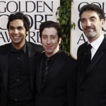 Kunal Nayyar, Simon Helberg and Chuck Lorre of "The Big Bang Theory," arrive for the Golden Globe Awards Sunday, Jan. 16, 2011, in Beverly Hills, Calif.