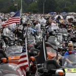 Motorcycles are lined up at the beginning of Rolling Thunder at the Pentagon in Washington Sunday, May 29, 2011, for the traditional annual Memorial Day weekend event. (AP Photo/Alex Brandon)