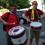 "Goyo," (at left) the head of La Furia Roja, bangs on a drum. (KTAR Photo/Carter Nacke)