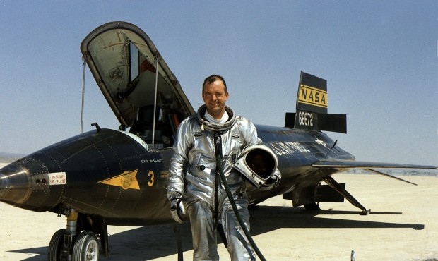 FILE – This 1967 file image provided by NASA shows research pilot Bill Dana in front of the X...