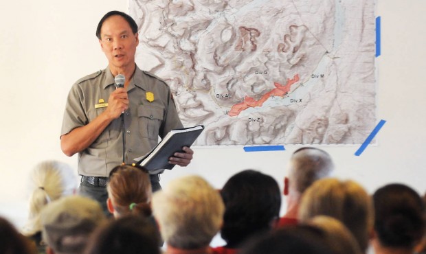 Glacier National Park Superintendent Jeff Mow speaks to the crowd during a public information meeti...