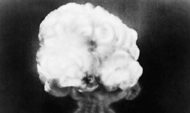 FILE – This July 16, 1945 photo, shows the mushroom cloud of the first atomic explosion at Tr...