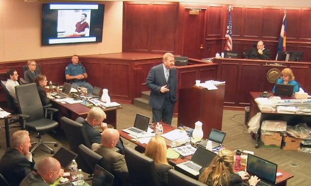 In this image taken from video, accused Colorado theater shooter James Holmes, on the upper far lef...