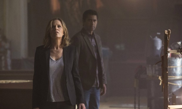 This photo provided by AMC shows, Kim Dickens, left, as Miranda and Cliff Curtis as Sean in a scene...