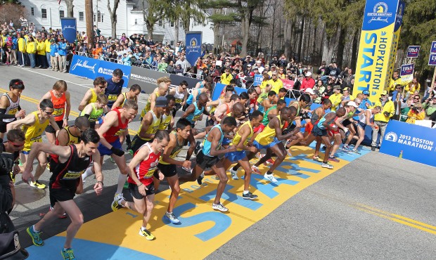 FILE – In this Monday, April 15, 2013 file photo, the elite men start the 117th running of th...