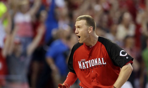 National League’s Todd Frazier, of the Cincinnati Reds, reacts during the MLB All-Star baseba...