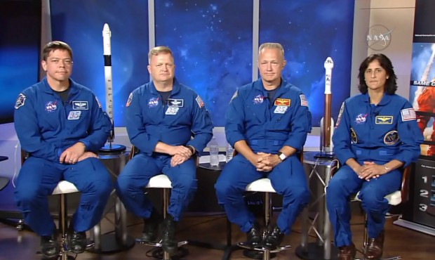 In this image made from video provided by NASA, astronauts, from left, Bob Behnken, Eric Boe, Doug ...