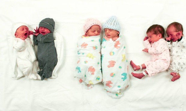 A July 23, 2015 photo provided by the Bozeman Deaconess Hospita shows three sets of twins that were...