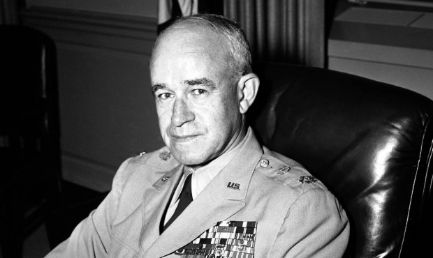 FILE – In this Sept. 22, 1951, file photo, Joint Chiefs of Staff Gen. Omar Bradley poses in h...