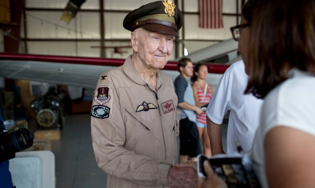 Gail Halvorsen, known as the “Candy Bomber,” meets and signs autographs for the crew an...