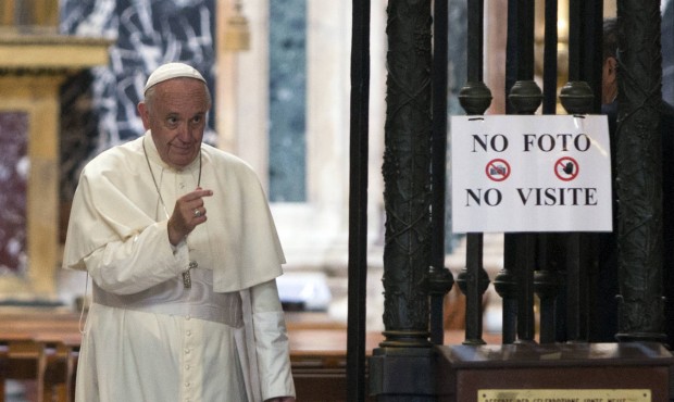 Pope Francis leaves after paying a visit to the St. Mary Major Basilica in Rome, Monday, July 13, 2...