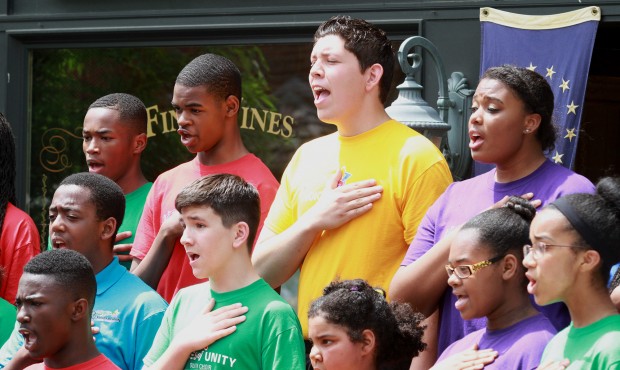 n The Voices of Unity Youth Choir sings The National Anthem during Republican Marlin Stutzman&#8217...