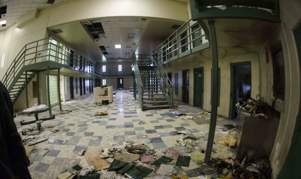 Debris litters the floor in housing unit 2 during a tour of the Tecumseh State Correctional Institu...
