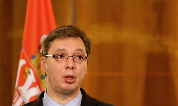 Serbian Prime Minister, Aleksandar Vucic, speaks at the news conference after talks with host Alban...