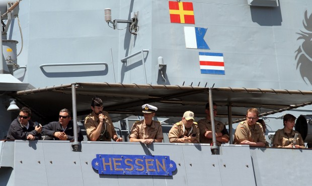 The German Navy ship Hessen is moored at the Reggio Calabria harbor, Saturday, May 9, 2015. Ireland...