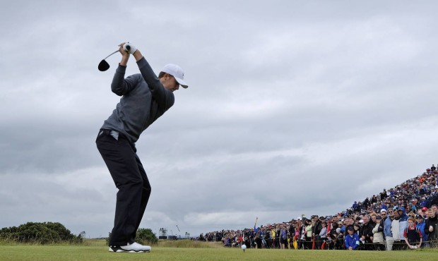 United States’ Jordan Spieth plays from the fifth tee during the third round at the British O...