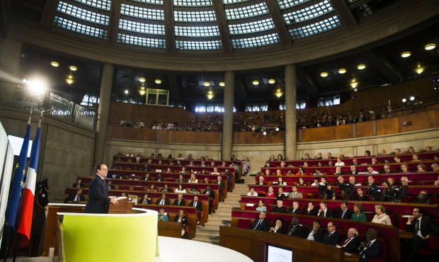 French President Francois Hollande delivers a speech during the opening of the Consciouness Summit ...