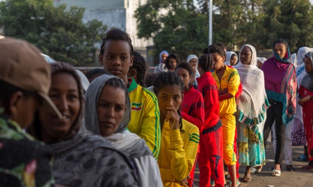 Voters queue early in the morning to cast their votes in Ethiopia’s general election, Sunday ...