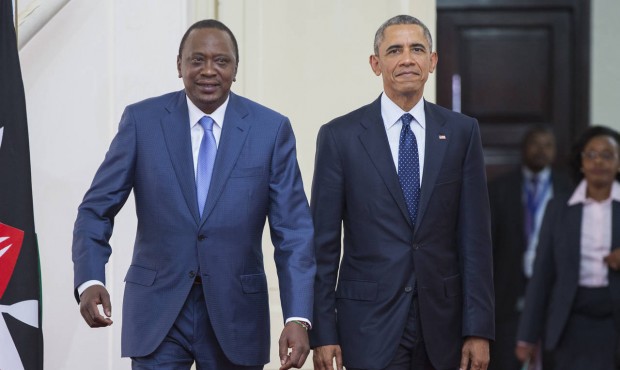 President Barack Obama, right, arrives with Kenyan President Uhuru Kenyatta for a bilateral meeting...