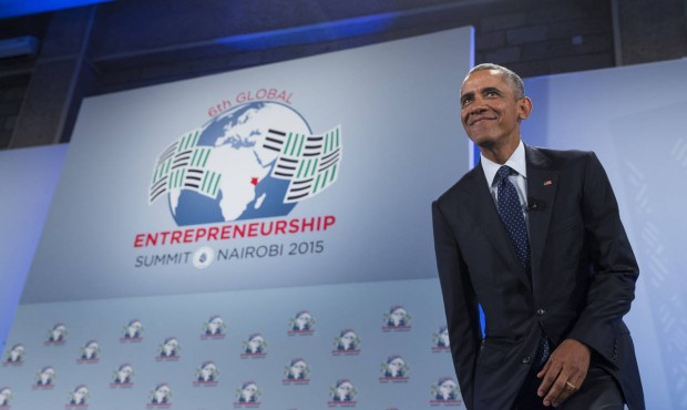 President Barack Obama smiles as he arrives to deliver a speech at the Global Entrepreneurship Summ...