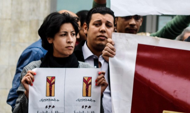 FILE – In this Jan. 24, 2015 photo, 32-year-old mother Shaimaa el-Sabbagh holds a poster duri...