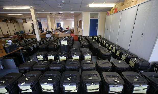 Ballot boxes are tallied and stored ready for delivery to polling stations for Thursday’s Gen...