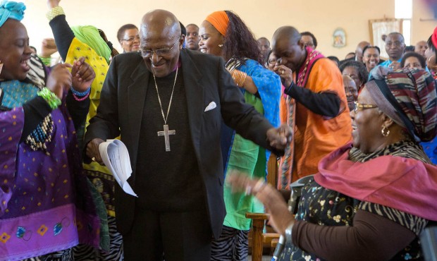 FILE – In this Saturday, July 4, 2015 file photo retired Anglican Archbishop Desmond Tutu, ce...