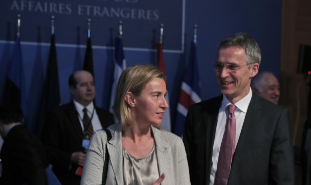 Federica Mogherini, left, European Union High representative for foreign policy talks with Secretar...