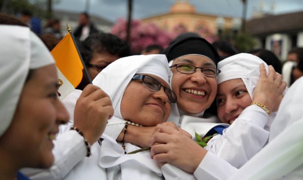Nuns embrace at Independence square, while they wait for the Pope’s arrival to the government...
