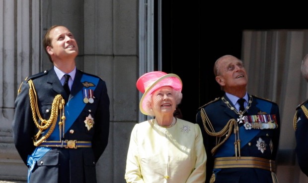 Britain’s Queen Elizabeth II, Prince William and her husband Prince Philip, watch a Royal Air...