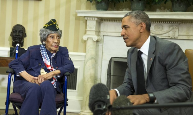President Barack Obama meets with Emma Didlake, 110, of Detroit, the oldest known World War II vete...