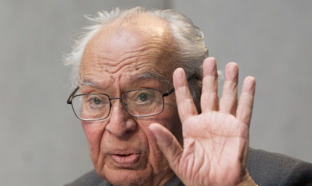 Peruvian theologian Gustavo Gutierrez speaks during a press conference at the Vatican, Tuesday, May...