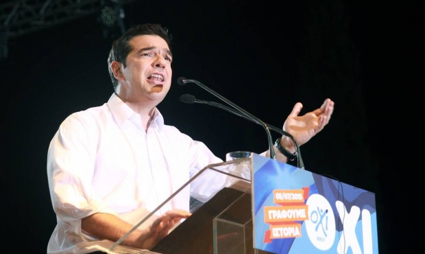 Greece’s Prime Minister Alexis Tsipras delivers a speech during a rally organized by supporte...