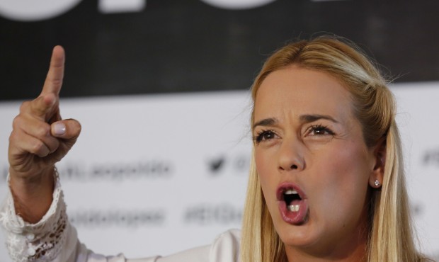 Lilian Tintori, the wife of jailed opposition leader Leopoldo Lopez speaks during a press conferenc...