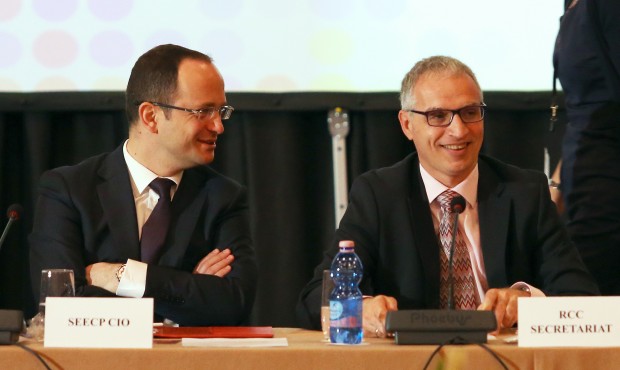 n Foreign Minister Ditmir Bushati, left, and Goran Svilanovic, Secretary General of the Regional Co...