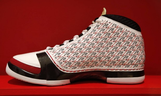 A shoe from the Jordan collection, bearing the “M” from Michael Jordan’s signatur...