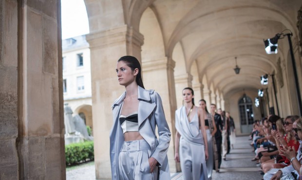 Models wear creations for Bouchra Jarrar’s fall-winter 2015/2016 Haute Couture fashion collec...