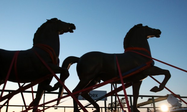 n Two bronze horse statues by artist Josef Thorak are transported on a flatbed trailer in Bad Duerk...