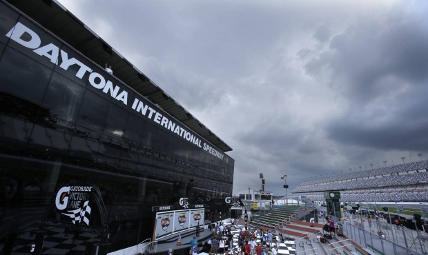 Storm clouds roll in over the Daytona International Speedway during a weather delay for the NASCAR ...