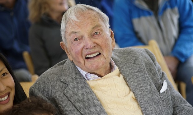 David Rockefeller smiles as he greets family and friends at a ceremony, Friday, May 22, 2015, in Mo...