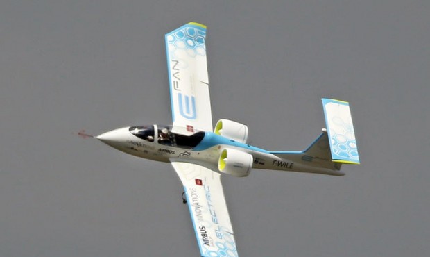 An Efan 1 electric plane performs its demonstration flight at the Paris Air Show in Le Bourget, nor...